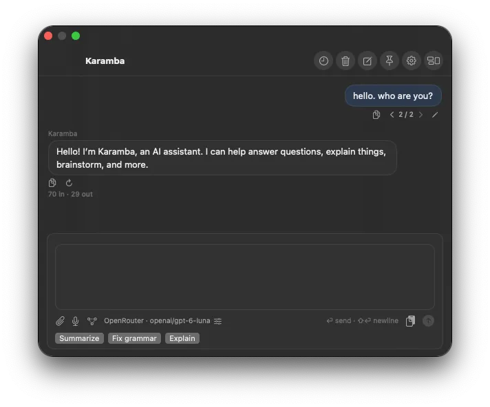 Karamba’s Classic layout, with a familiar chat conversation and a roomy composer below